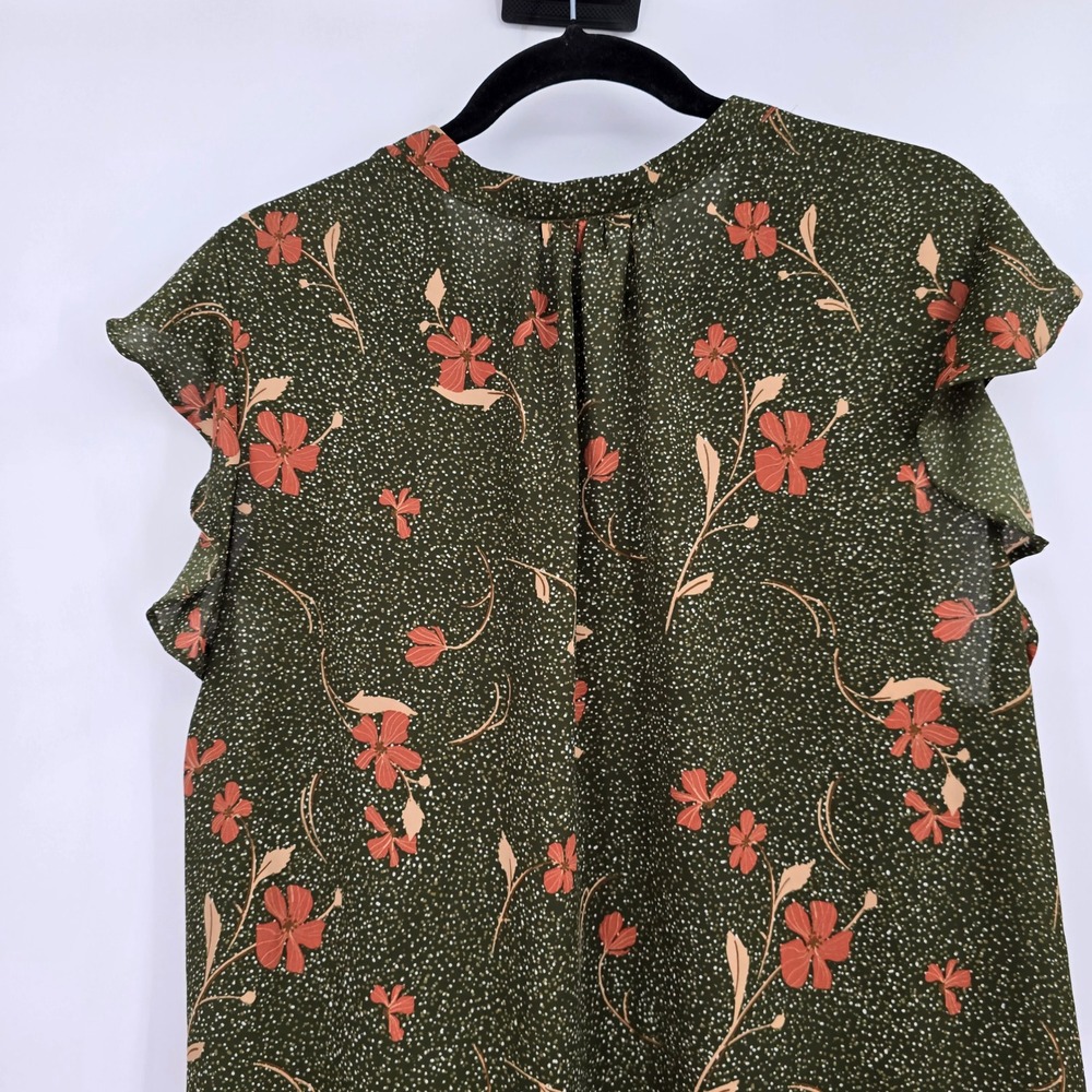 Les Serein Womens 2X Olive Green Floral Ruffle Cap Sleeve V-Neck Tie Blouse - Picture 5 of 10